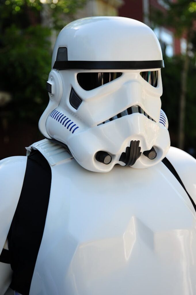 Close-up portrait of a stormtrooper costume from science fiction, captured outdoors in natural light.